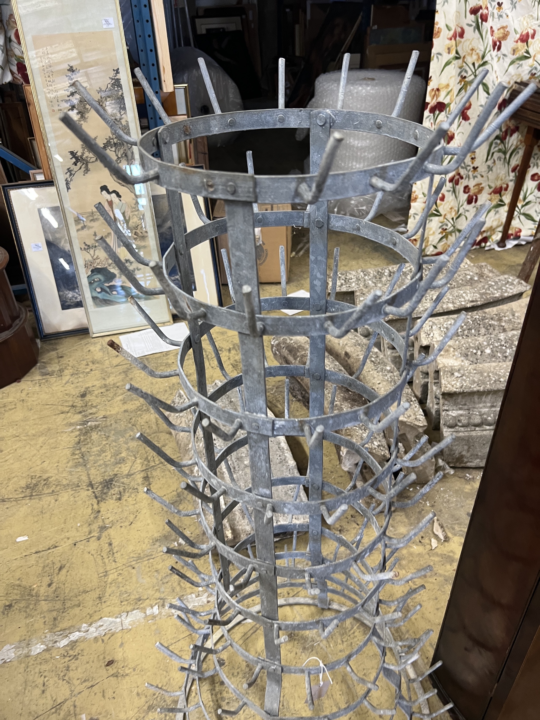 A French vintage galvanised wine bottle drying rack, height 120cm